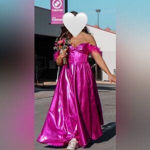 R2G Fuchsia Off-the-Shoulder A-Line Prom Dress